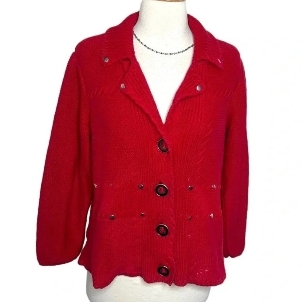Chico's Cardigan Sweater Size 2 Red Button Front Studded Ribbed Knit Cotton